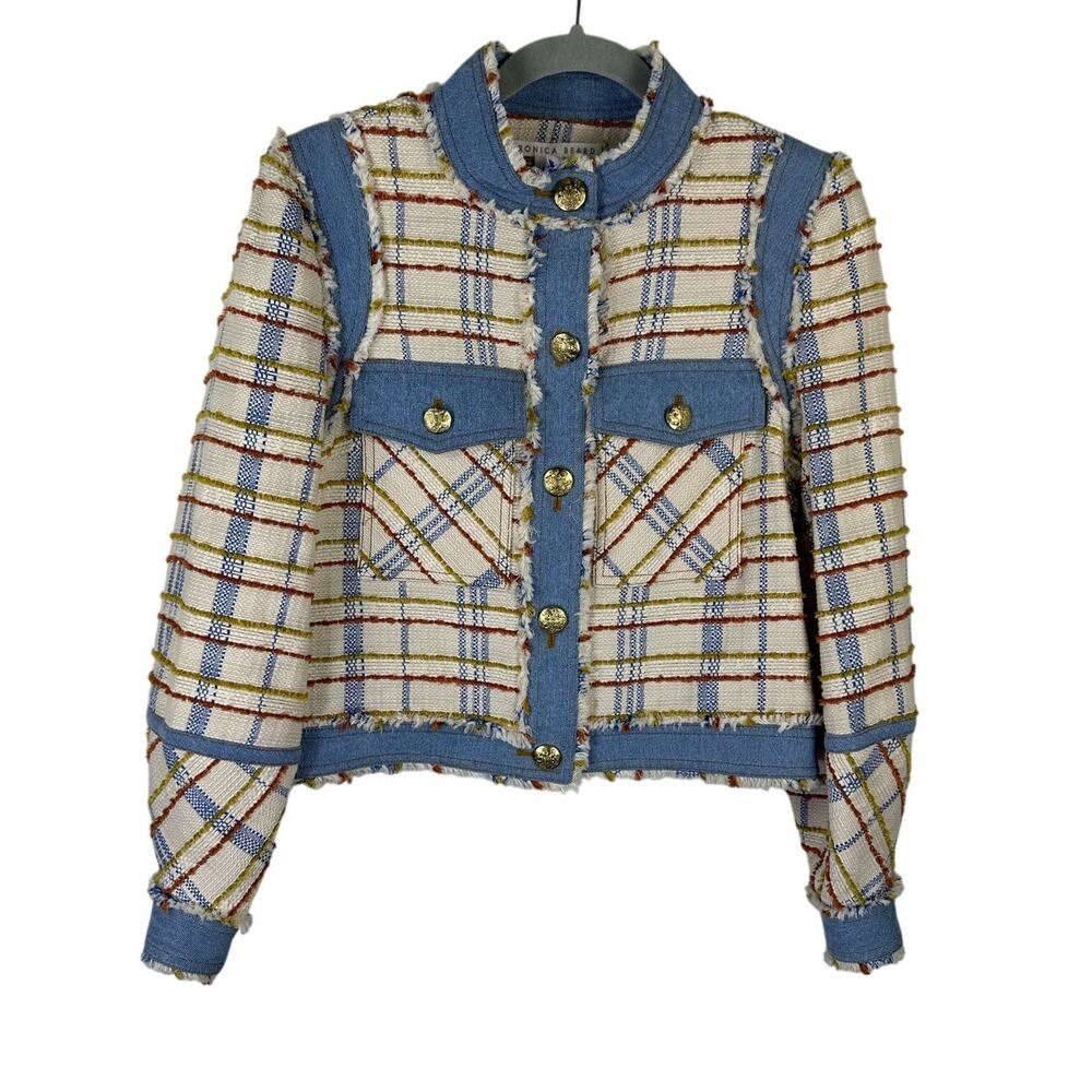 Veronica Beard Nilaja Cropped Jacket in Multi Plaid Size 6 Denim Trim EUC - Picture 2 of 9